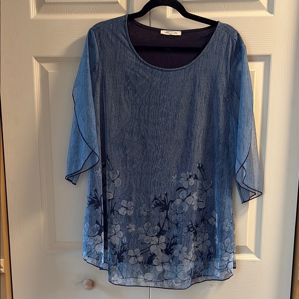 Sese Code Blue Floral Blouse with Sheer Sleeves